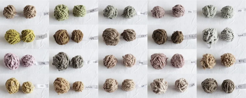 Rows of small yarn samples in natural and dyed colours from Botto's Spun project for Welspun